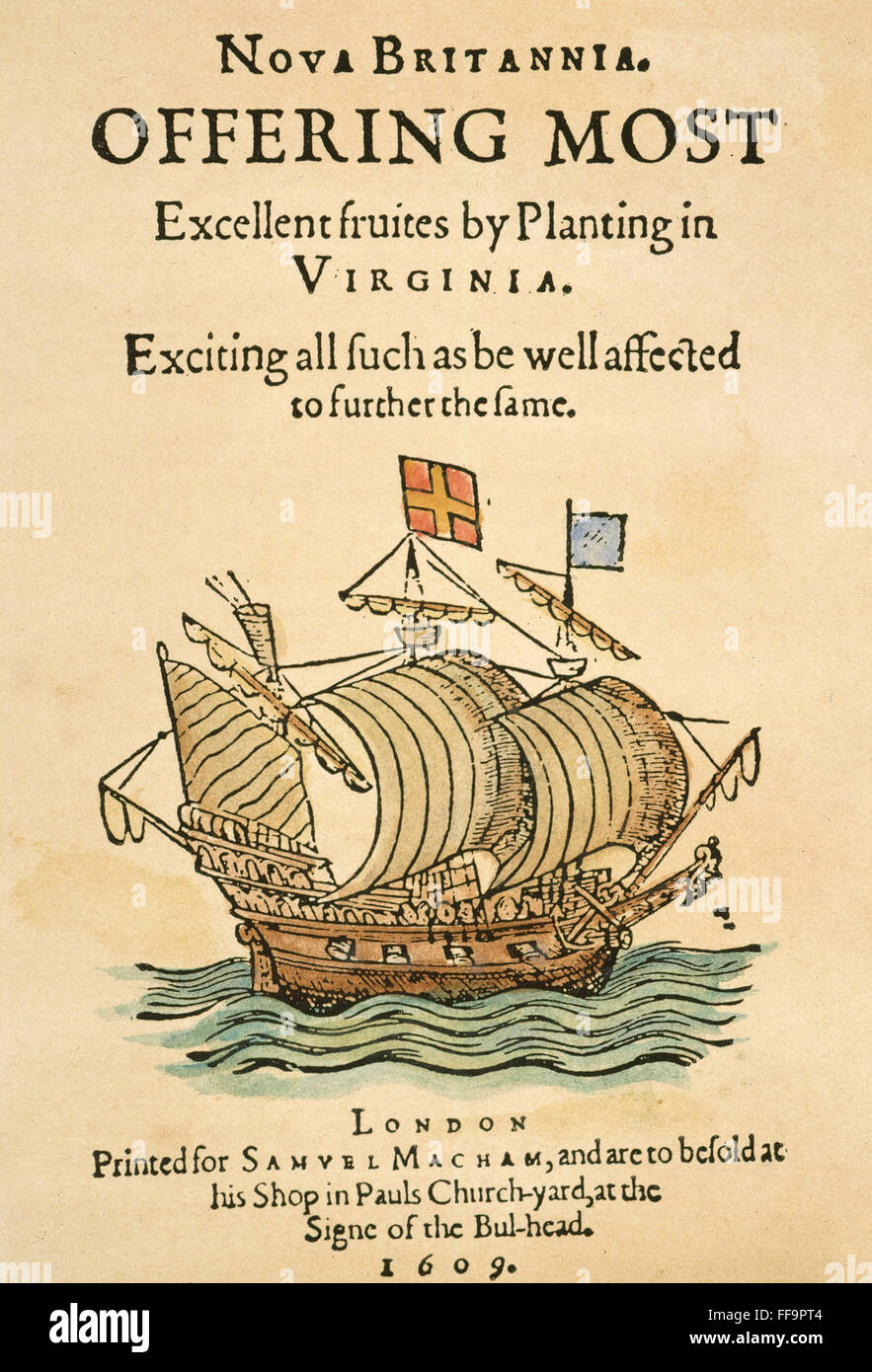 NOVA BRITANNIA, 1609. /nTitle-Page der "Nova Britannia," die Broschüre herausgegeben im 1609 von der Virginia Company in London, Unterstützung für ihr Unternehmen in den USA zu gewinnen. Stockfoto