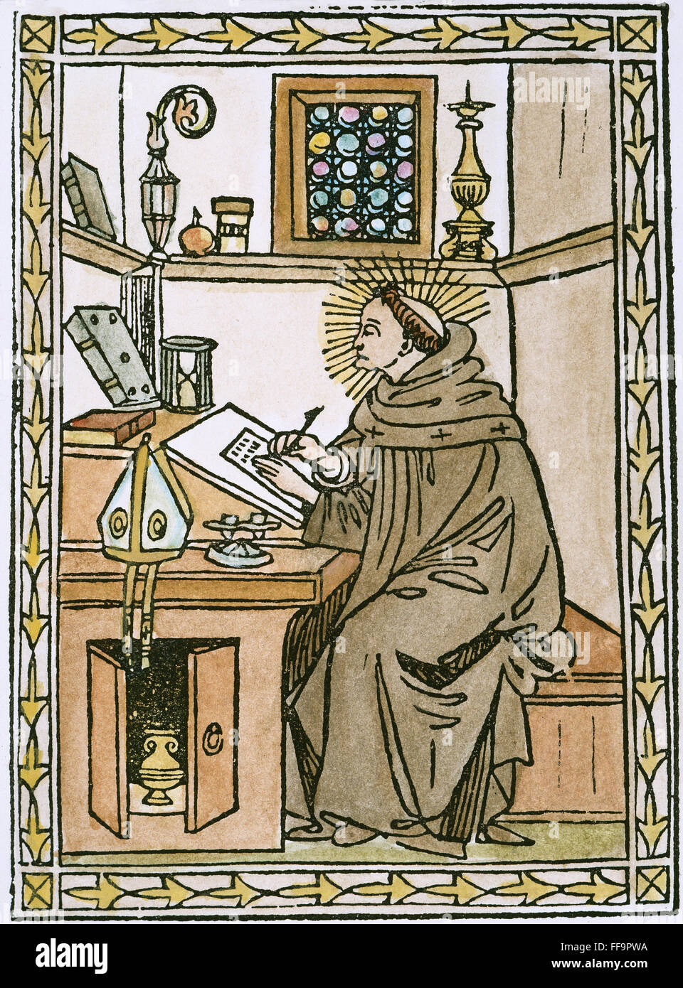 AUGUSTINUS (354-430). /Nin seiner Studie. Holzschnitt aus seiner "Soliloquii," Florenz, 1491. Stockfoto