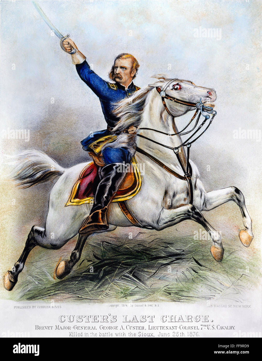 GEORGE ARMSTRONG CUSTER /n(1839-1876). Offizier der amerikanischen Armee. Custers letzte Ladung: Lithographie, 1876 von Currier & Ives. Stockfoto