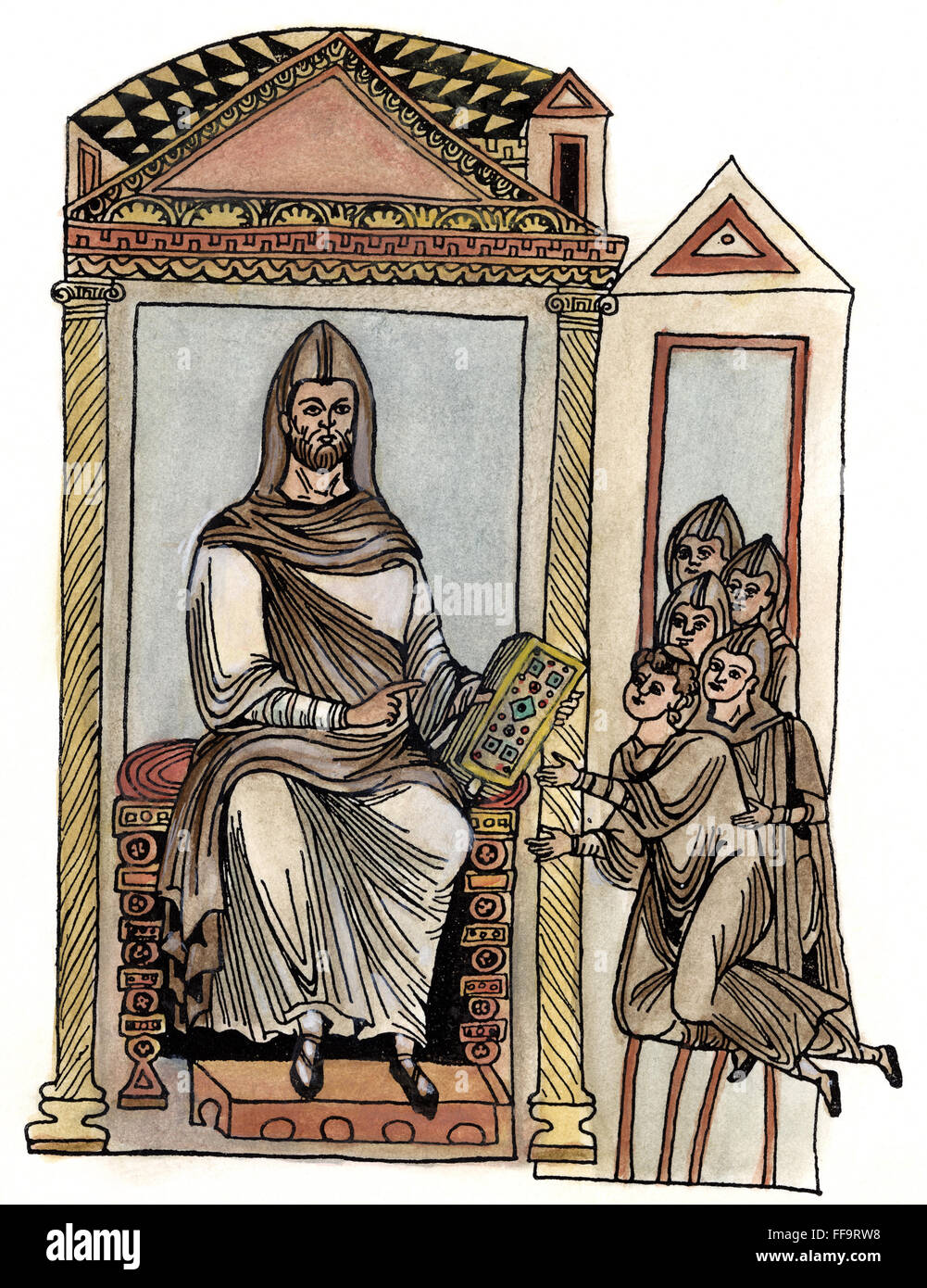 ST. Benedikt (c480-c543). religiöse /nItalian. Der Heilige Benedikt von Nursia, die Übergabe der in der Regel Vorschriften über das Klosterleben und Disziplin, um eine Gruppe von Mönchen. Zeichnung nach einer Buchmalerei des 12. Jahrhunderts. Stockfoto