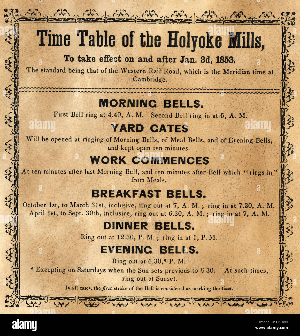 TEXTILHERSTELLUNG, 1853. /nWork Zeitplan an der Holyoke Mühlen, Holyoke, Massachusetts, 1853. Stockfoto