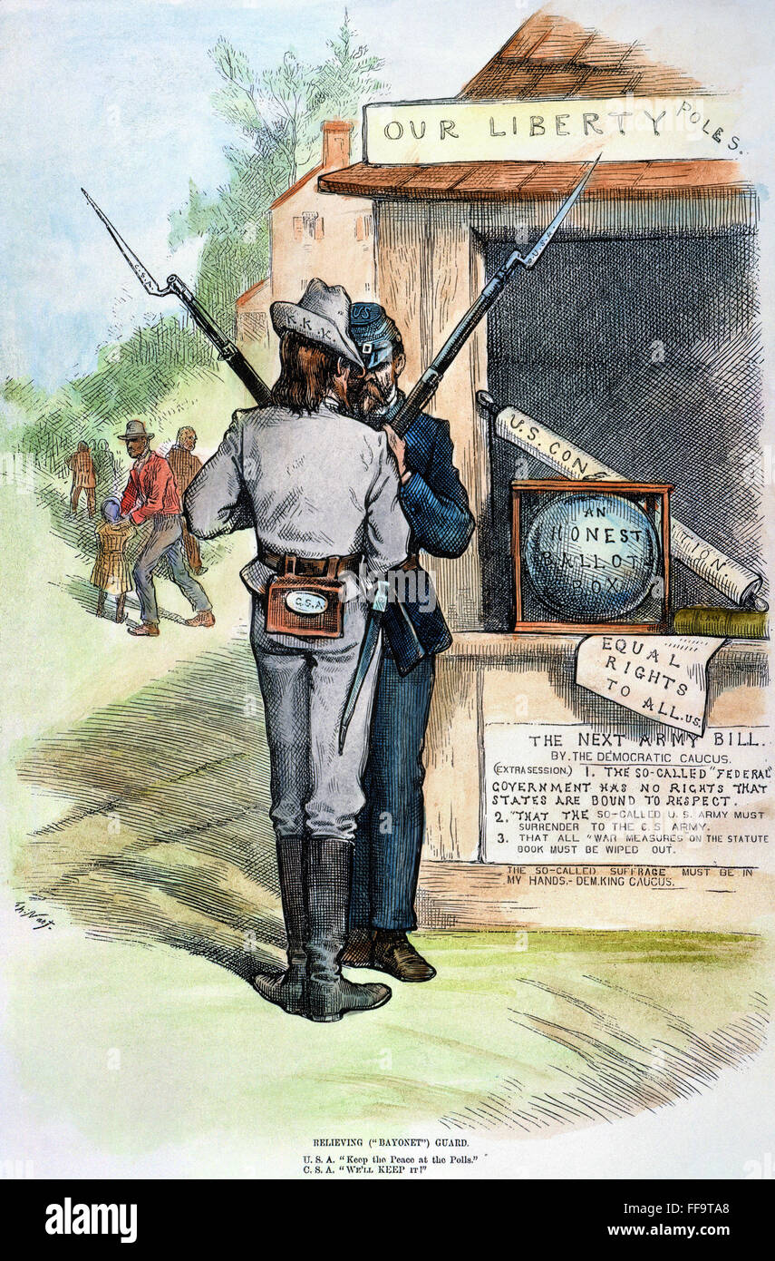 WIEDERAUFBAU, 1879. /nCartoon, 1879 von Thomas Nast auf das Ende des schwarzen Enfranchisement im Laufe der Zeit des Wiederaufbaus im Süden. Stockfoto