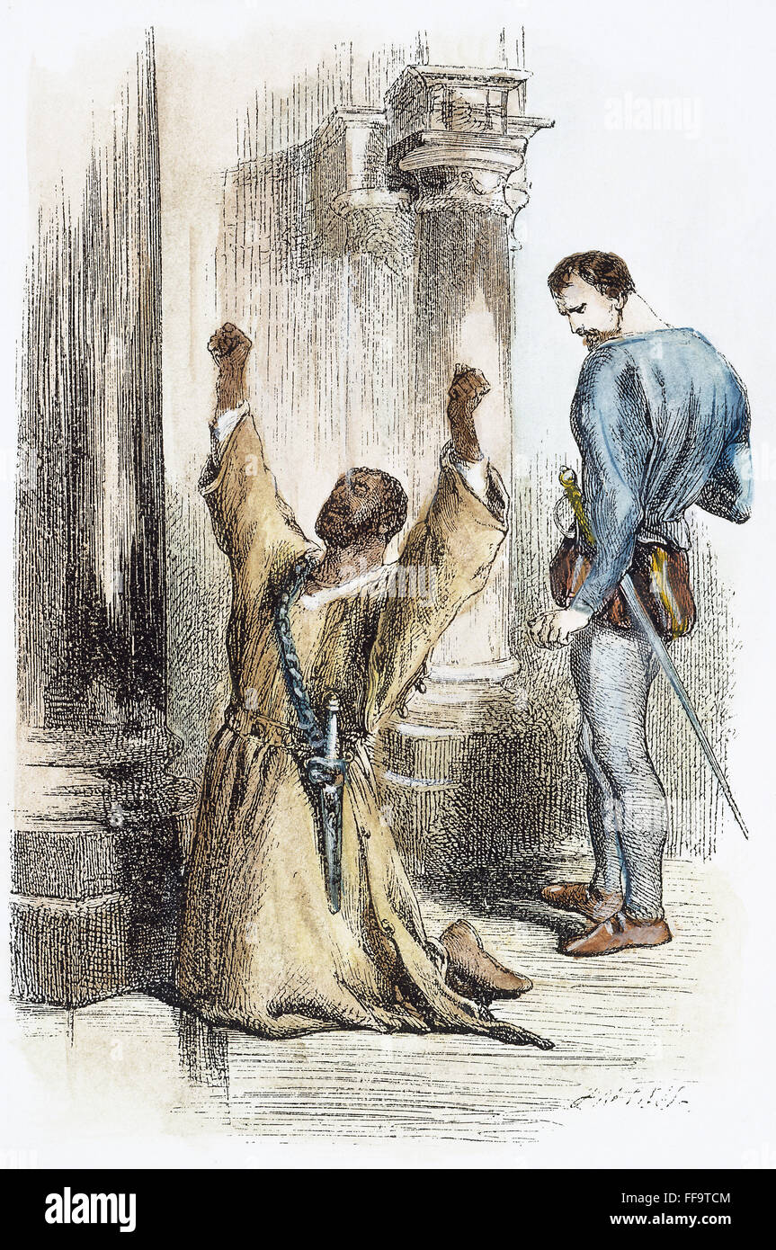OTHELLO, 19. JAHRHUNDERT. / nIago vergiftet Othellos Geist mit Argwohn gegen Desdemona: Holz Gravur nach Sir John Gilbert (1817-1897) für Shakespeare's "Othello" (Akt III, Szene 3). Stockfoto