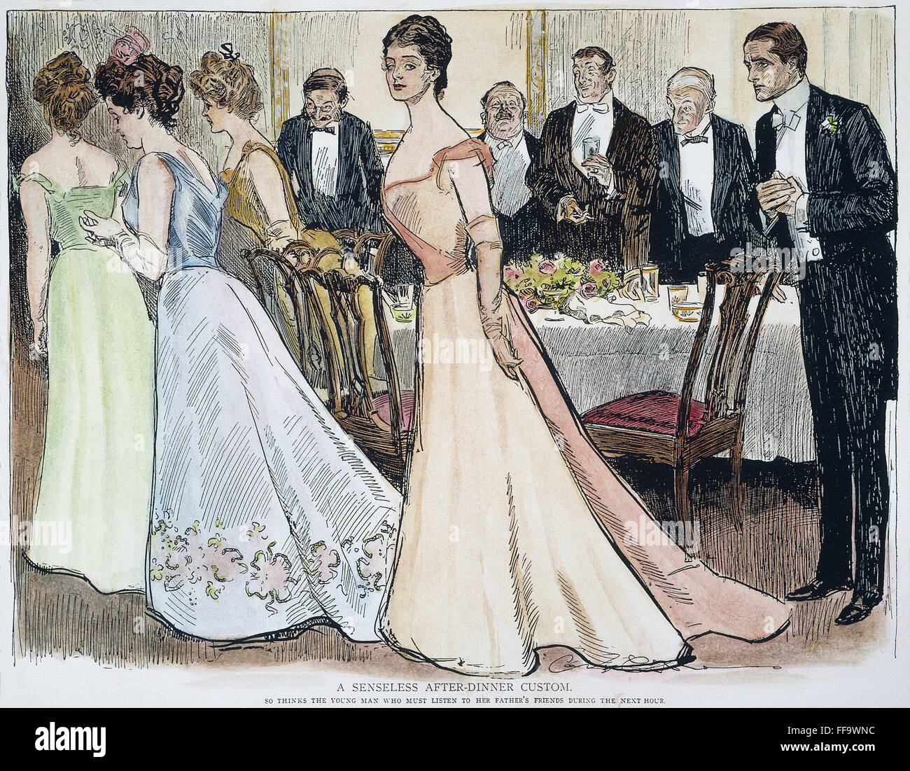 GIBSON KUNST, 1899. /n'A sinnlos nach dem Abendessen Brauch. " Federzeichnung, 1899, von Charles Dana Gibson (1867 – 1944). Stockfoto