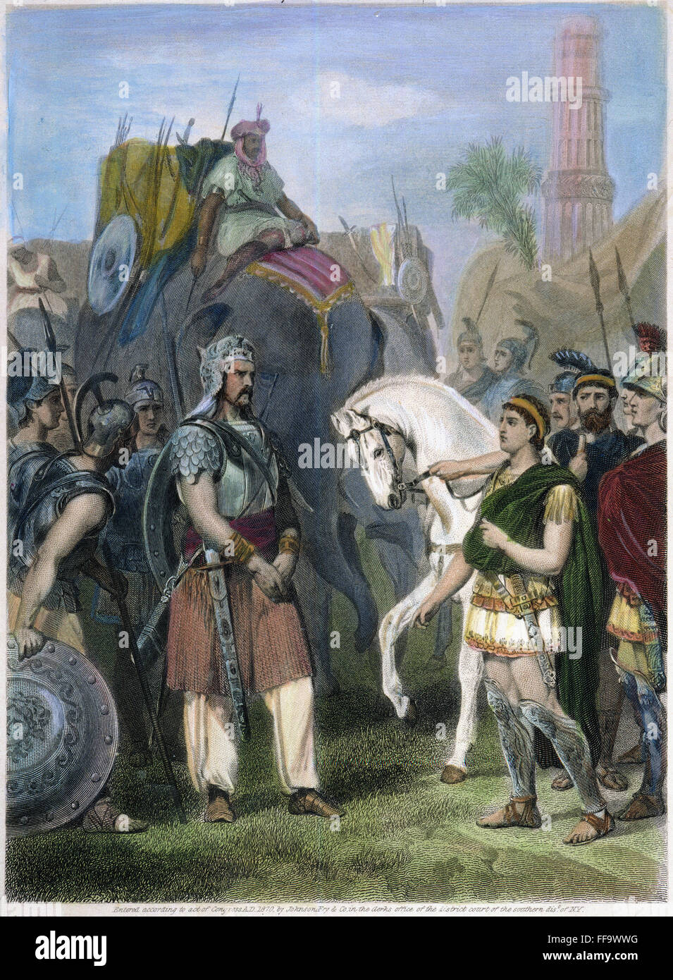 ALEXANDER der große/n (356-323 v. Chr.). König von Makedonien. Alexander nimmt die Kapitulation des Poros, König der nördlichen Punjab Region, nach dem Sieg über seine große Armee in der Schlacht von Hydaspes, 326 v. Chr. amerikanischen Stahlstich 1870. Stockfoto