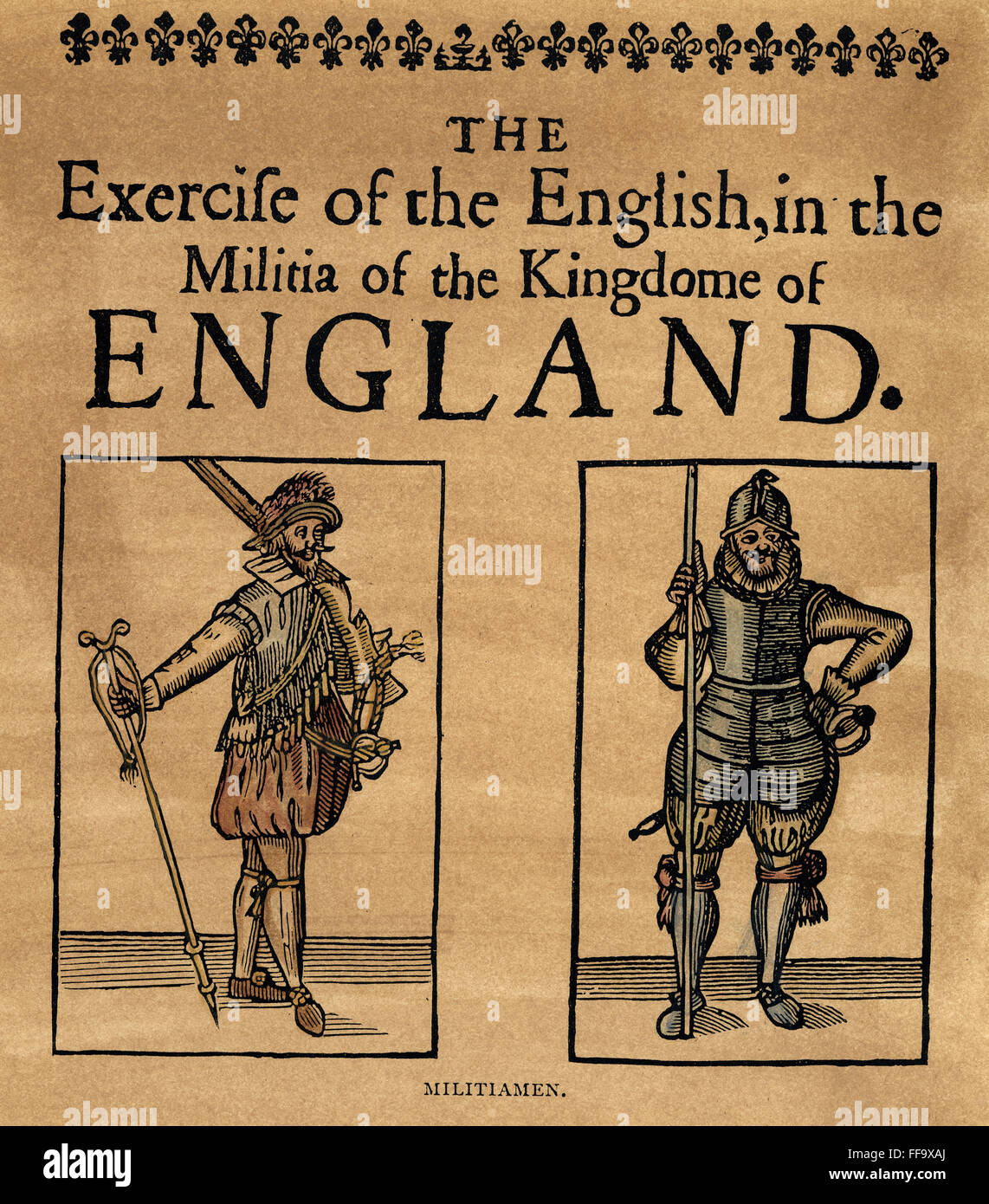 MILIZIONÄRE, c1642. NUM Cavalier (links) und eine Roundhead (rechts), aus der Zeit von König Charles i. von England. Titelseite des Traktes 'Die Ausübung der Engländer in der Miliz der englischen Kingdome' c1642. Stockfoto