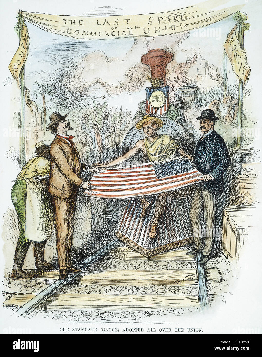 MODELLBAHN-STANDARD, 1886. /nThomas Nast Feier der Annahme einer normalspurigen durch alle Eisenbahnen in den Vereinigten Staaten, 1886. Stockfoto