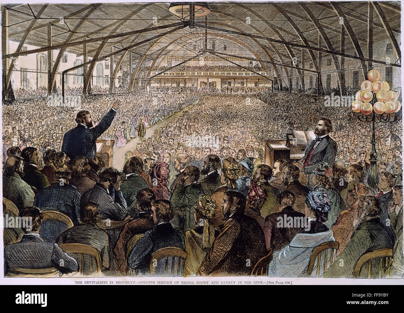 DWIGHT L. MOODY (1837-1899). /nDwight L. Moody (links, mit erhobener Hand) und Ira D. Sankey (an der Orgel) Predigt eine Wiederbelebung der Eisbahn auf Clermont Avenue, Brooklyn, New York, am 24. Oktober 1875: Holzschnitt aus einem zeitgenössischen amerikanischen Zeitung. Stockfoto