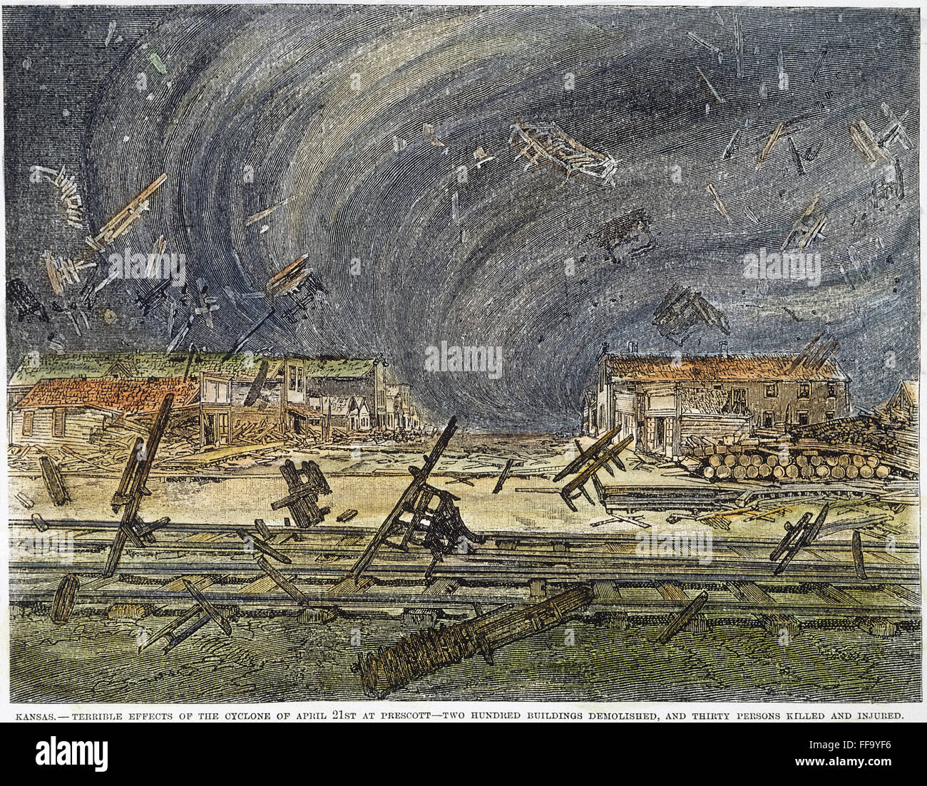 PRESCOTT, KS: ZYKLON, 1887. /nEffects des Zyklons in Prescott, Kansas, 21. April 1887: Holzschnitt aus einem zeitgenössischen amerikanischen Zeitung. Stockfoto
