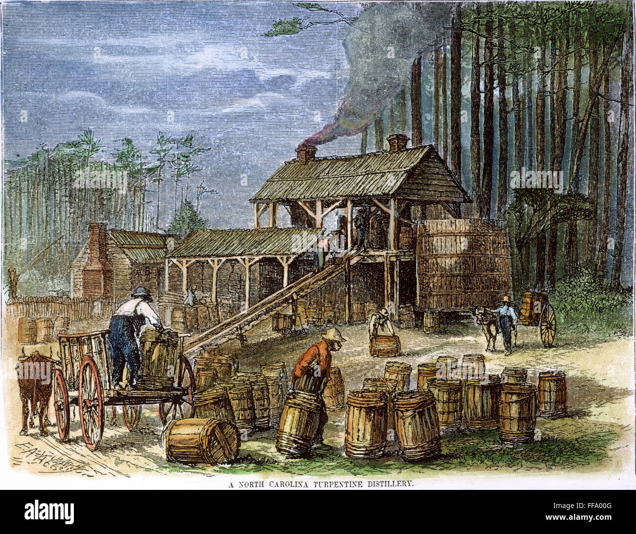 TERPENTIN-BRENNEREI. /nAfrican Amerikaner arbeiten in einer Terpentin-Destillerie in den Pinienwäldern von North Carolina. Farbiger Holzschnitt, amerikanisch, Mitte des 19. Jahrhunderts. Stockfoto