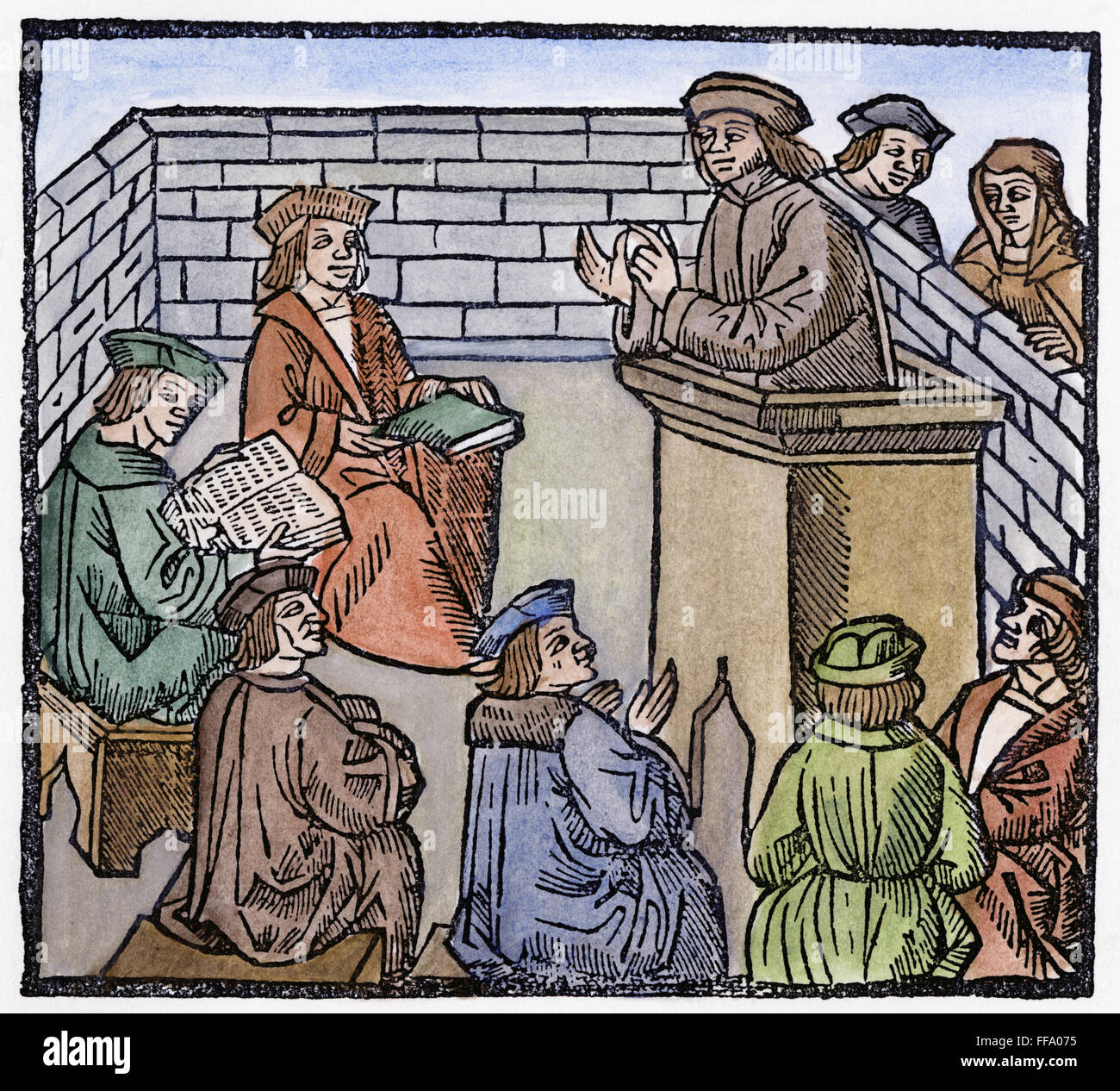 MITTELALTERLICHE Universität, c1525. NUM Professor Vorlesungen an einer mittelalterlichen Universität. Holzschnitt, Genf, c1525. Stockfoto