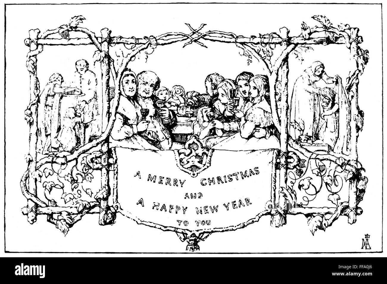 WEIHNACHTSKARTE, 1843. /nThe erste Weihnachtskarte, entworfen von Sir Henry Cole im Jahre 1843 von John Calcott Horsley, R.A. Stockfoto