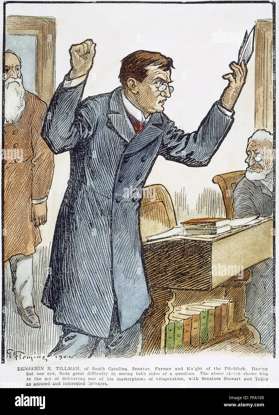 BENJAMIN RYAN TILLMAN /n(1847-1918). Den Spitznamen, "Heugabel Ben". US-amerikanischer Politiker und Gesetzgeber. Karikatur, 1902, von Thomas Fleming. Stockfoto