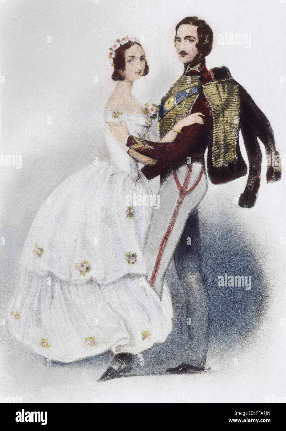 VICTORIA & ALBERT WALZER TANZEN. /nQueen Victoria und Prinz Albert von England Walzer tanzen. Englische Lithographie, c1845. Stockfoto