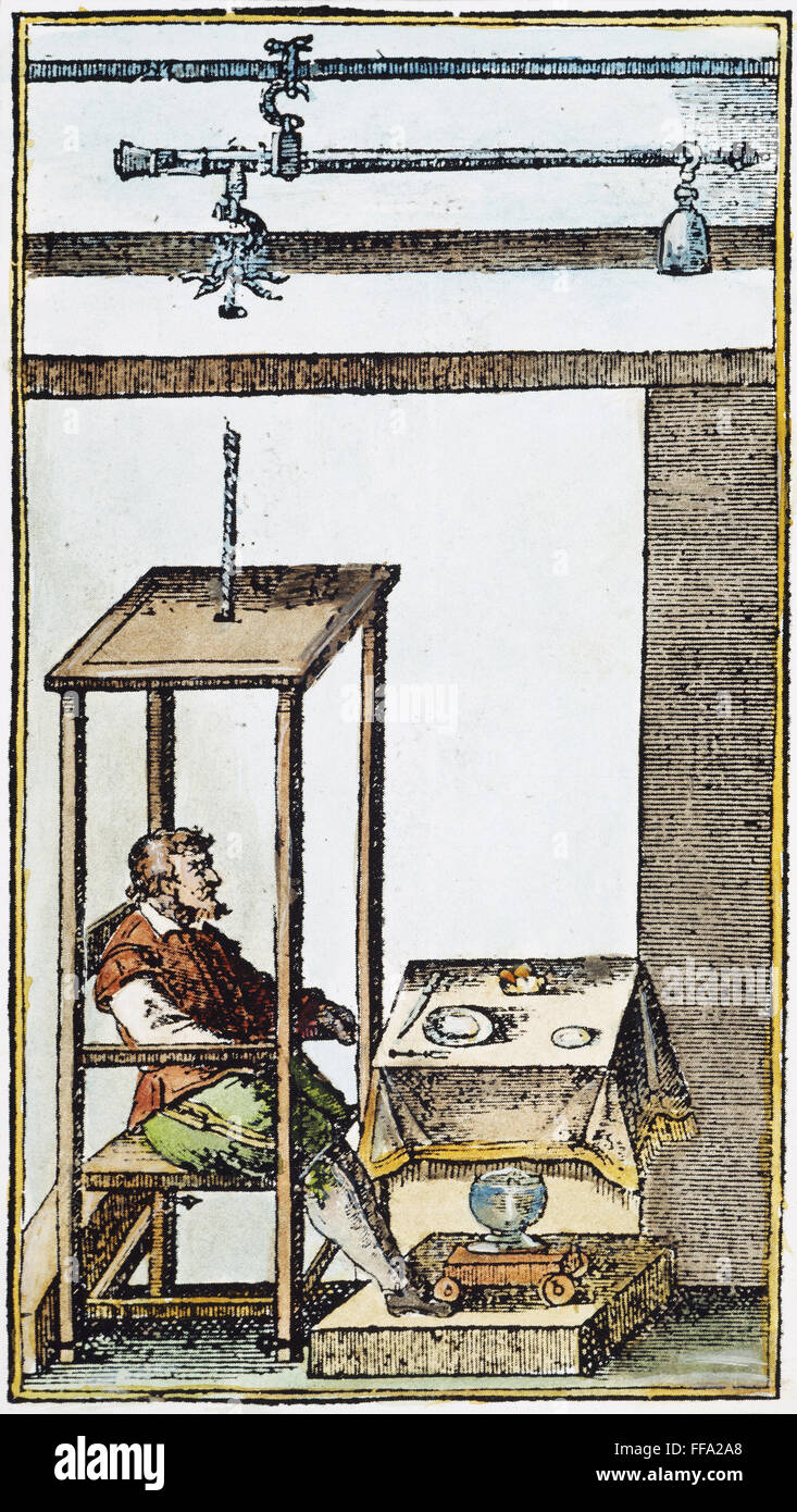SANTORIO SANTORIO /n(1561-1636). Italienischer Arzt. In seinem mit einem Gewicht von Stuhl. Line-Gravur, 17. Jahrhundert. Stockfoto