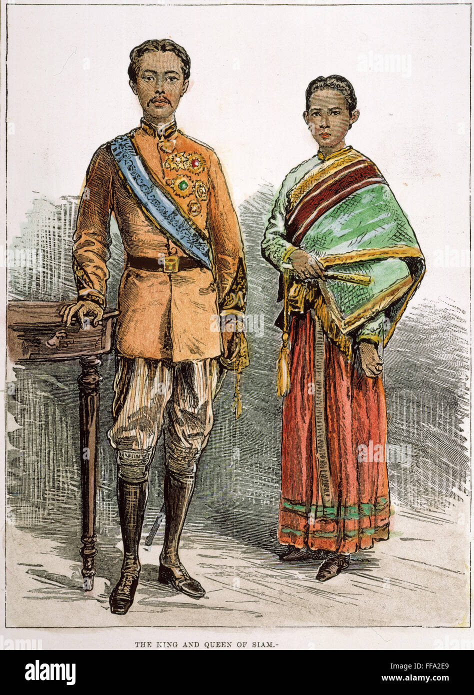 KÖNIG RAMA V. (1853-1910). /nKing von Siam, auch genannt Chulalongkorn und seine Königin: Holz Gravur, Englisch, 1882. Stockfoto