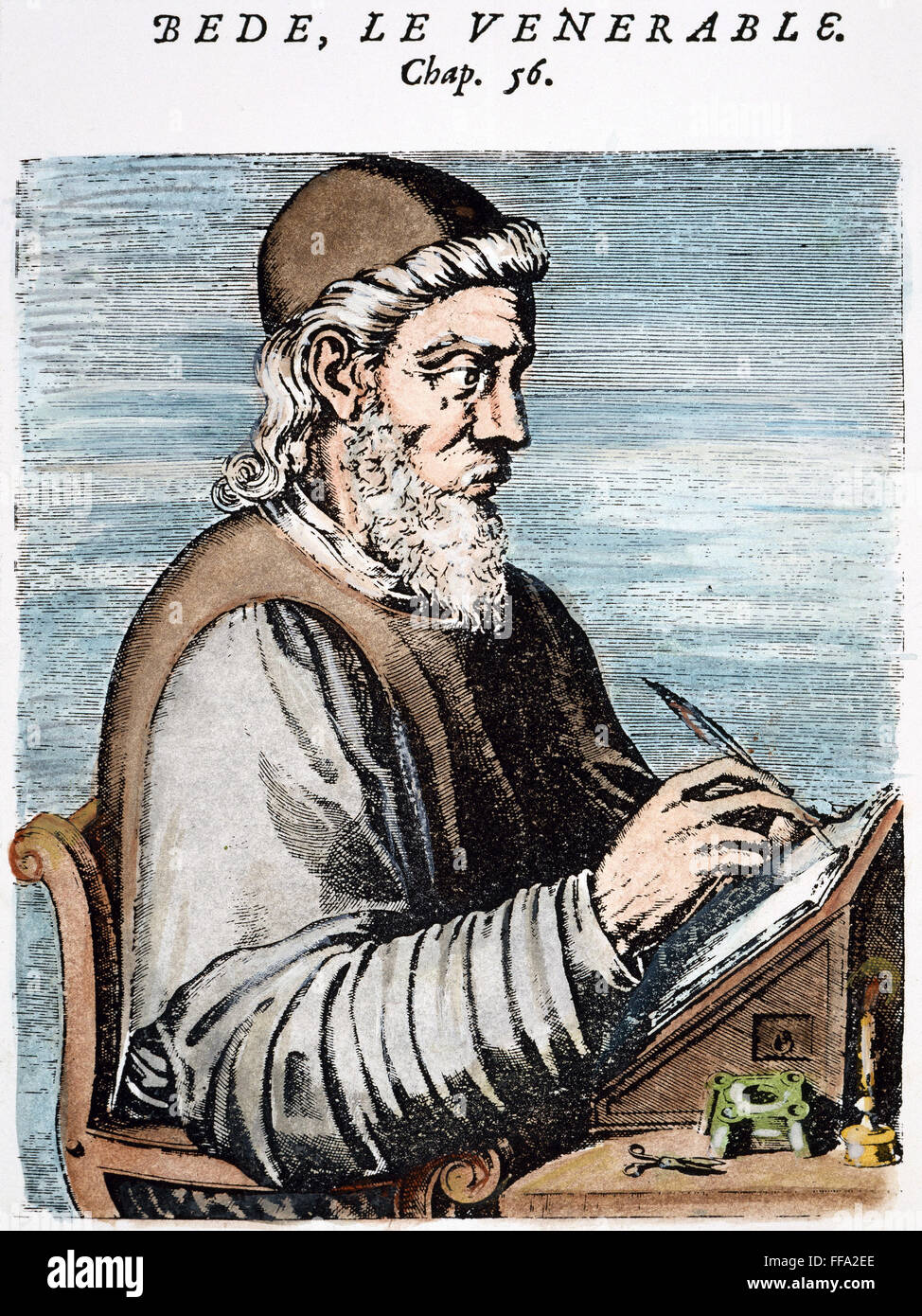 HEILIGEN Beda (c672-735). /nEnglish Gelehrter, Historiker und Theologe, bekannt als "das Venerable Bede." Linie, Gravur, Französisch, 16. Jahrhundert. Stockfoto