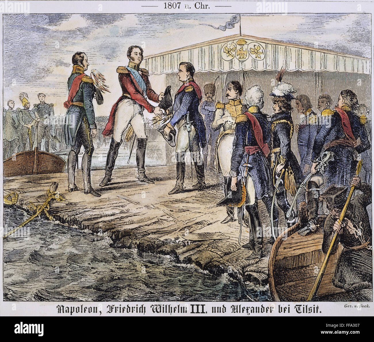 NAPOLEON I BEI TILSIT, 1807. /nEmperor Napoleon i., Zar Alexander i. von Russland und König Frederick William III von Preußen zu Tilsit, Preußen, auf einem Floß in der Mitte des Flusses Niemen Juli 1807. Deutsche Gravur, 19. Jahrhundert. Stockfoto