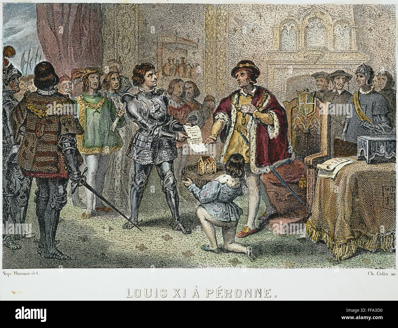 König LOUIS XI von Frankreich /naccepting einen Vertrag präsentiert von Karl der kühne, Herzog von Burgund, an PΘronne, Frankreich, im Jahre 1468. Stahl, Gravur, Französisch, 19. Jahrhundert. Stockfoto