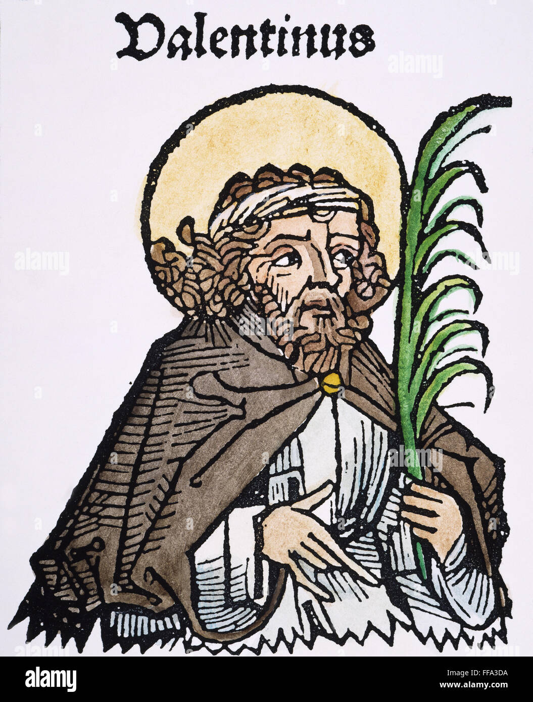 ST. VALENTIN (3. JAHRHUNDERT). /nName der beiden christlichen Märtyrer, einem römischen Priester und Arzt, der andere Bischof von Turni. Holzschnitt, Deutsch, 1493. Stockfoto