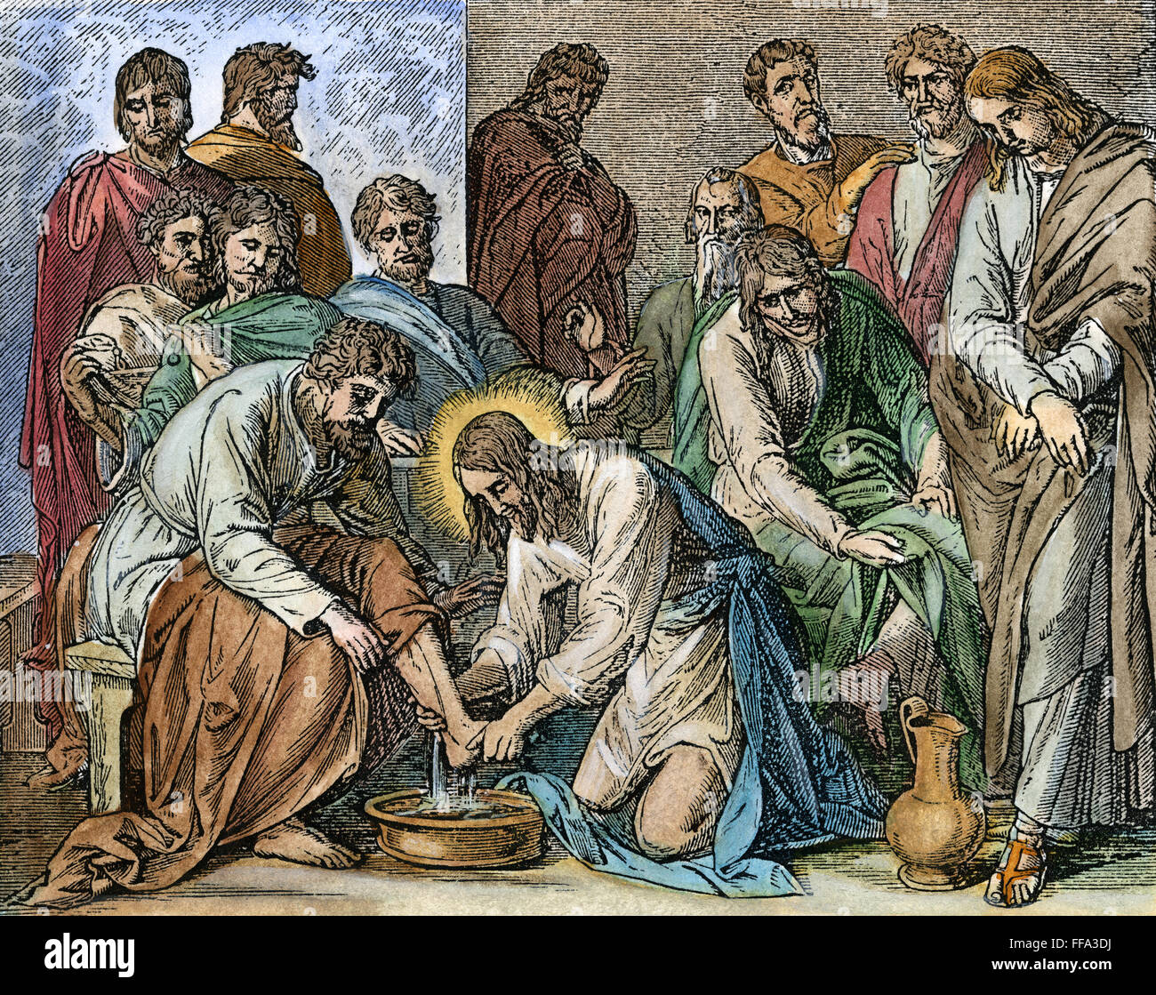 JESUS WÄSCHT DIE FÜßE. /nJesus wäscht der Apostel Füße (Johannes 13:5). Holz, Gravur, American, 1884. Stockfoto