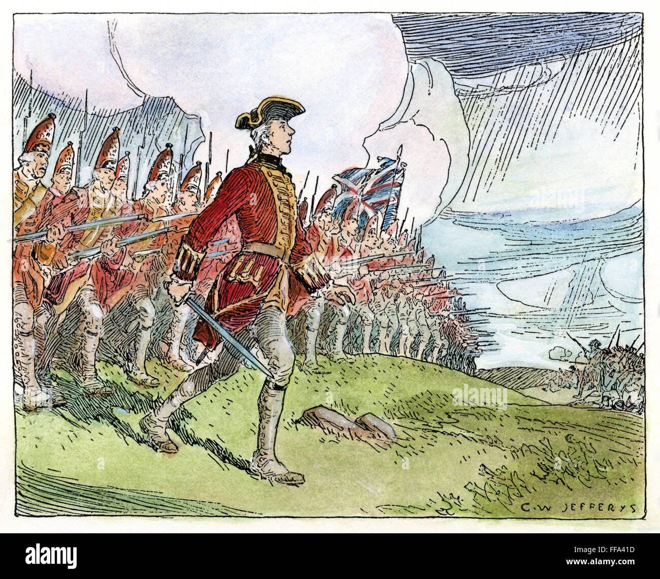WOLFE IN QUÉBEC, 1759. /nGeneral James Wolfe führt die Briten "thin red Line" in die Schlacht gegen die Franzosen auf der Plains Of Abraham außerhalb Québec (Stadt), 13. September 1759. Zeichnung von c.w. Jefferys. Stockfoto