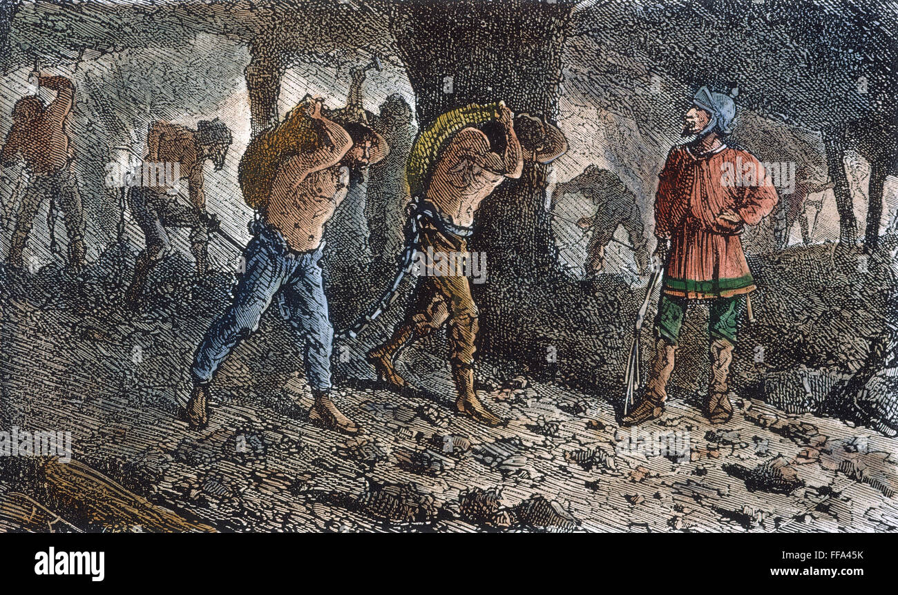 RÖMISCHE SKLAVEREI: ZECHE. /nSlaves bei der Arbeit in einer römischen Kohlengrube. Holzstich, 19. Jahrhundert. Stockfoto