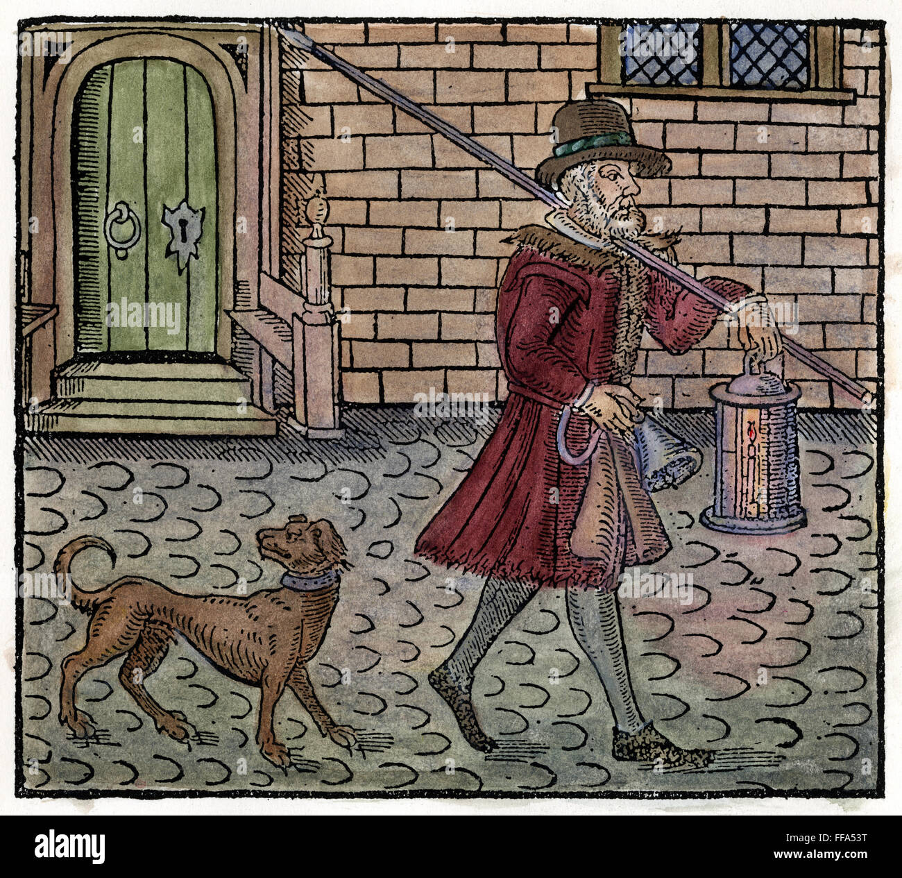 LONDON: NACHTWÄCHTER. NUM-Nachtwächter seine Runden in London machen. Holzschnitt, Englisch, 1608. Stockfoto