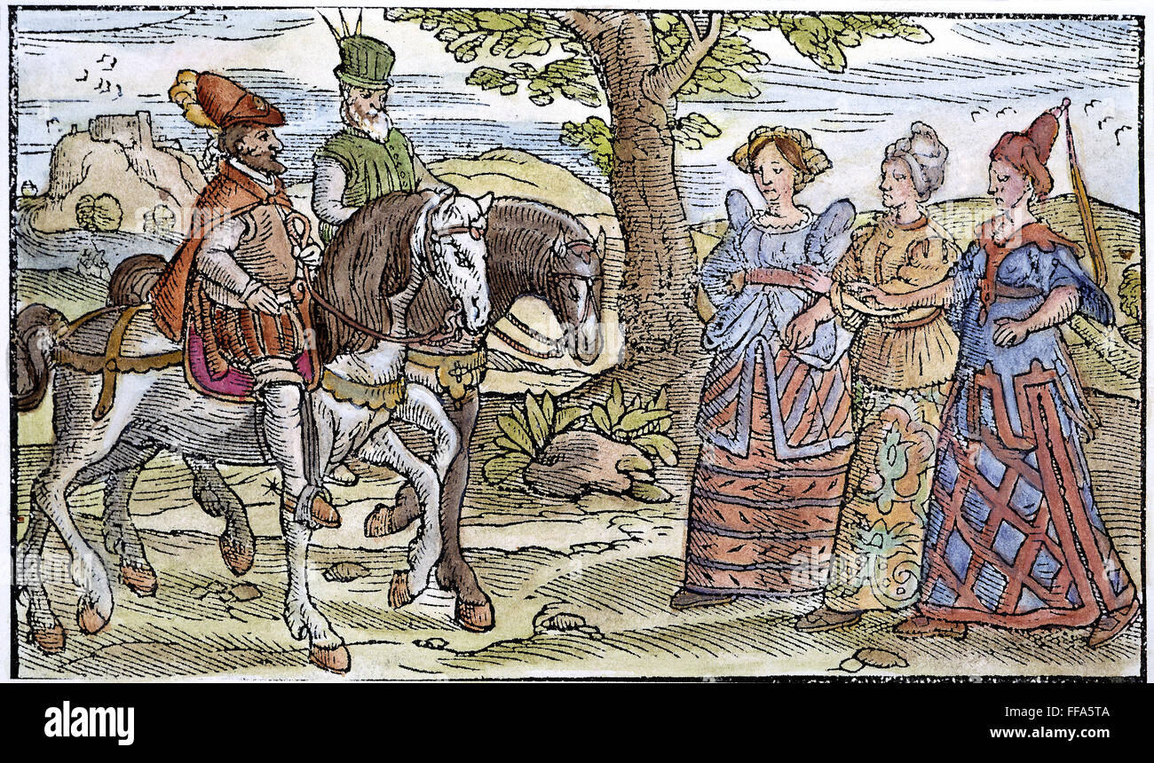 SHAKESPEARE: MACBETH. /nMacbeth und Banquo begegnen die drei Hexen auf der Heide. Holzschnitt aus Raphael Holinsheds "Chronicles of England, Schottland und Irland," 1577, spielen eine Szene später dramatisiert von William Shakespeare in seinem "Macbeth" (erster akt, Szene Stockfoto