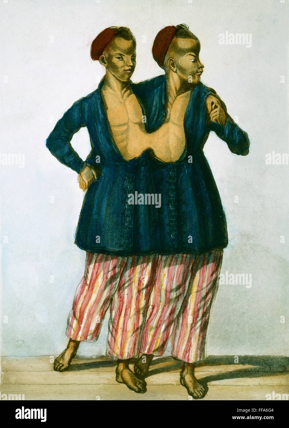 CHANG UND ENG (1811-1874). /nThe original siamesische Zwillinge. Lithographie, 19. Jahrhundert. Stockfoto