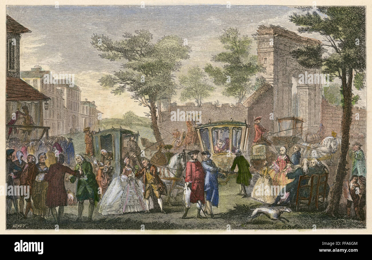 MODE: FRANKREICH. /nPeople der Mode. Nach einem Stich Französisch, von Augustin de Saint-Aubin (1736-1807). Stockfoto