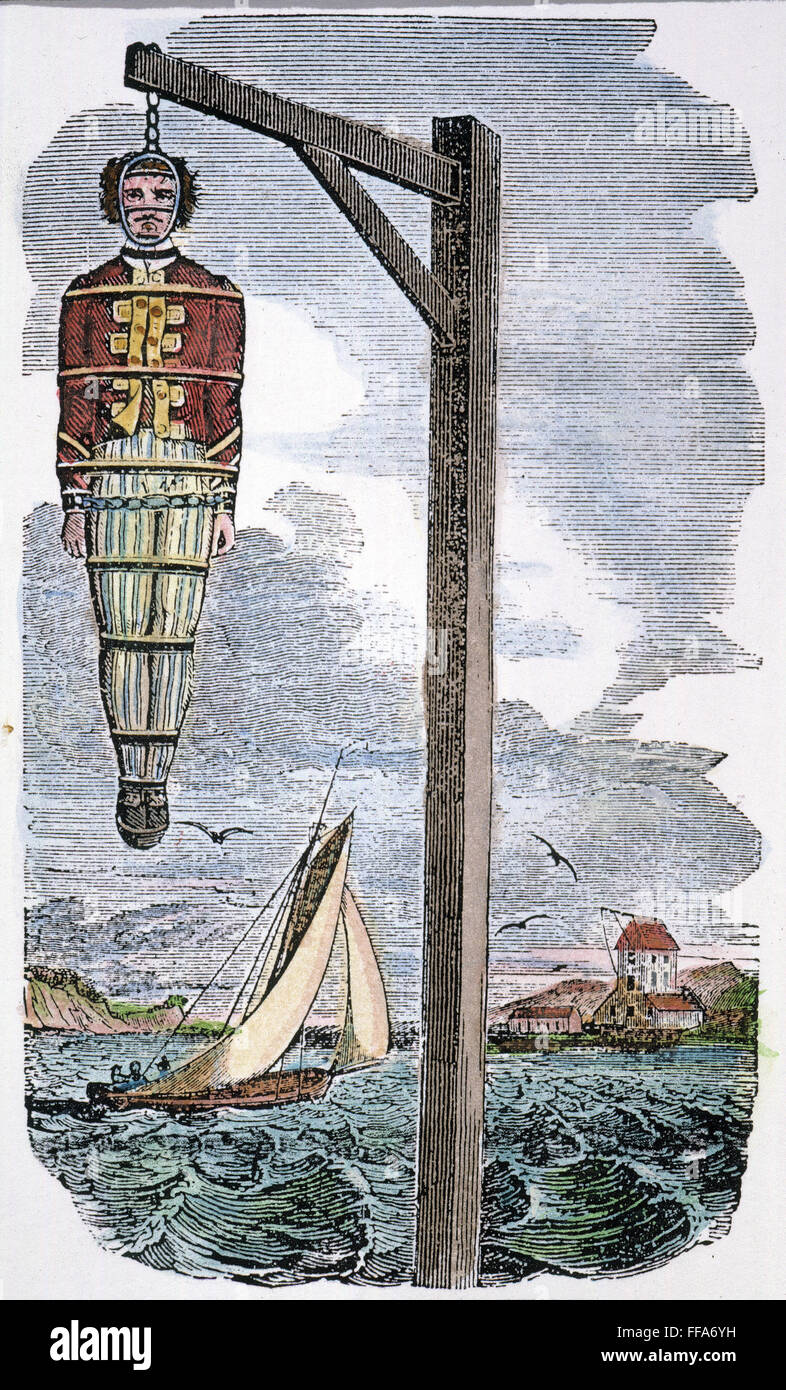 CAPTAIN WILLIAM KIDD, 1701. /nScottish Freibeuter und Piraten. Der Körper von Captain William Kidd in Ketten gebunden und eingehüllt in einen Eisen-Rahmen, hängend an Tilbury Punkt in der Themse-Mündung an der englischen Küste, als Warnung für andere nach seinem exec Stockfoto