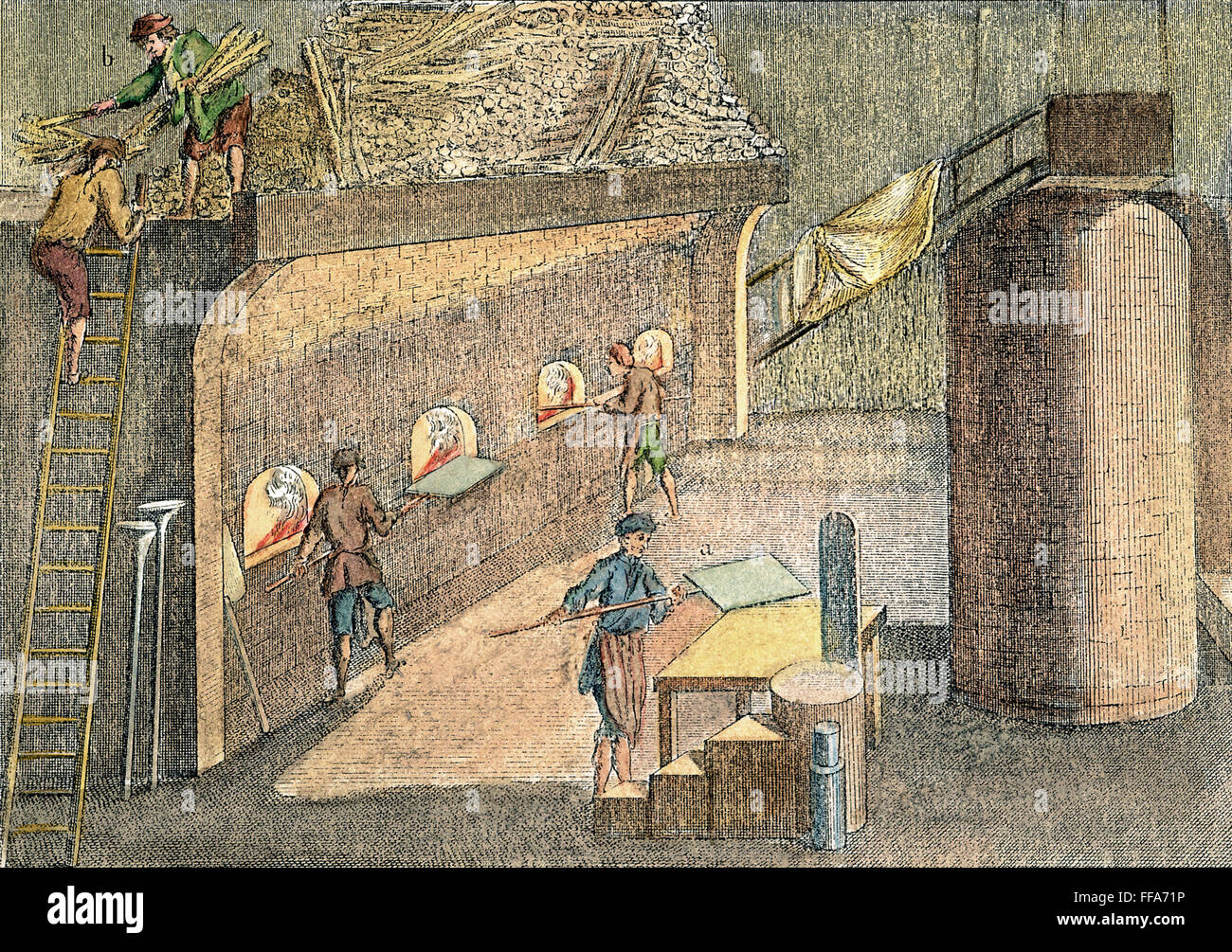 GLASHERSTELLUNG, 18. JAHRHUNDERT. /nThe Glühen von breiten Glas: Linie, Gravur, Französisch, 18. Jahrhundert. Stockfoto