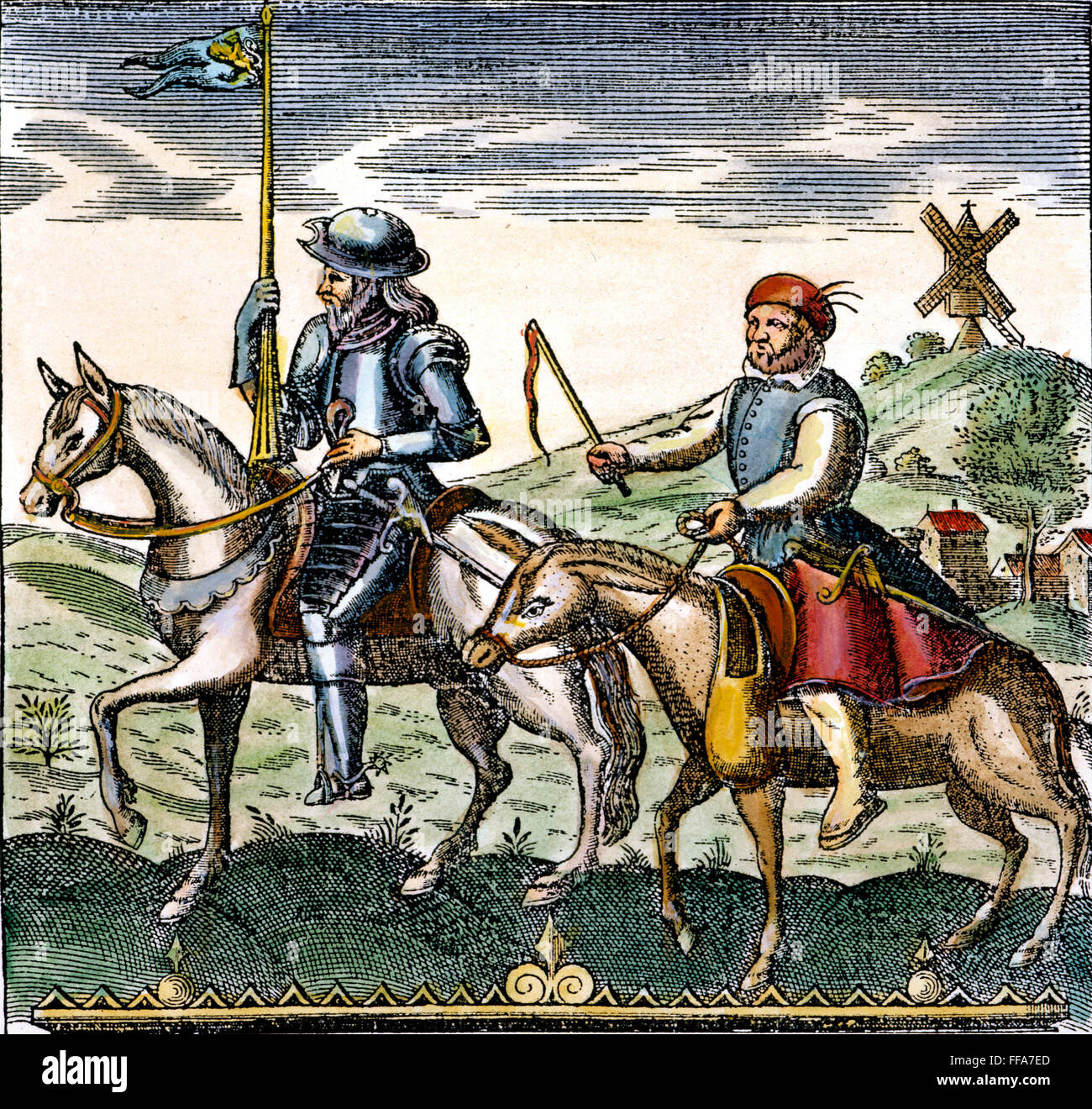 DON Quijote /nand Sancho Panza. Kupferstich aus einer frühen 17. Jahrhundert-Edition von Miguel de Cervantes "Don Quixote". Stockfoto