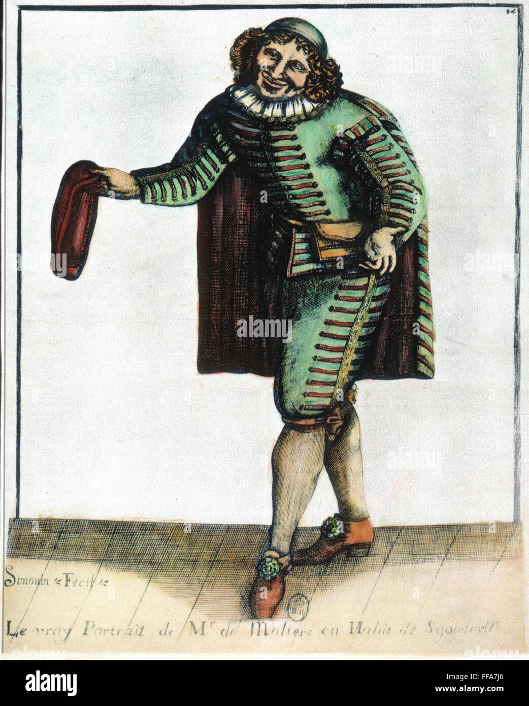 MOLIERE (1622-1673). /nPseudonym von Jean Baptiste Poquelin. Französischer Schauspieler und Dramatiker. Moliere in der Rolle des "Sganarelle." Zeitgenössische französische Gravur. Stockfoto