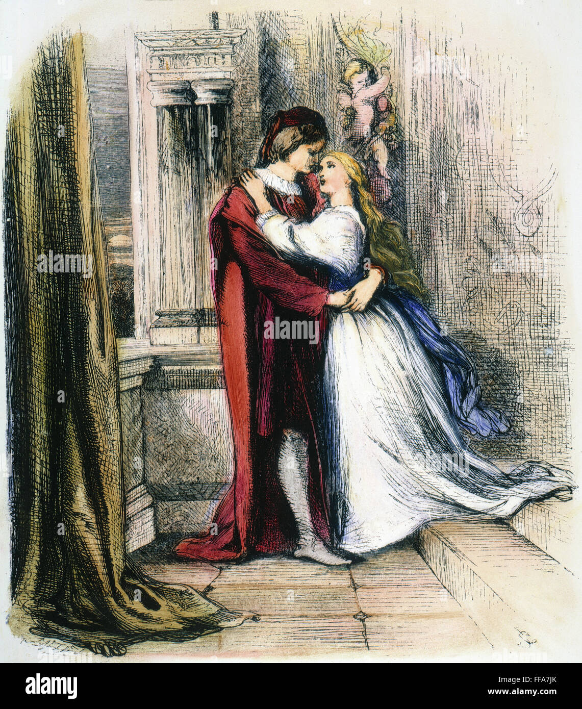 ROMEO & JULIA. /nThe Balkonszene (Akt III, Szene 5) aus Shakespeares "Romeo und Julia": Holzstich, Englisch, c1880. Stockfoto