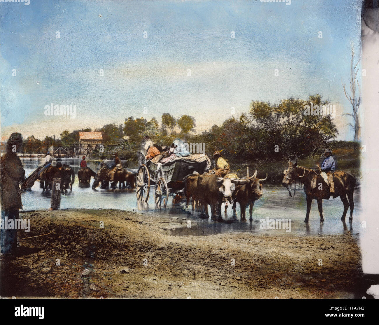 BÜRGERKRIEG: FLÜCHTLINGE, 1862. /nFugitive Sklaven fording der Rappahannock River, Virginia, August 1862. Öl über ein Foto von Timothy. Stockfoto