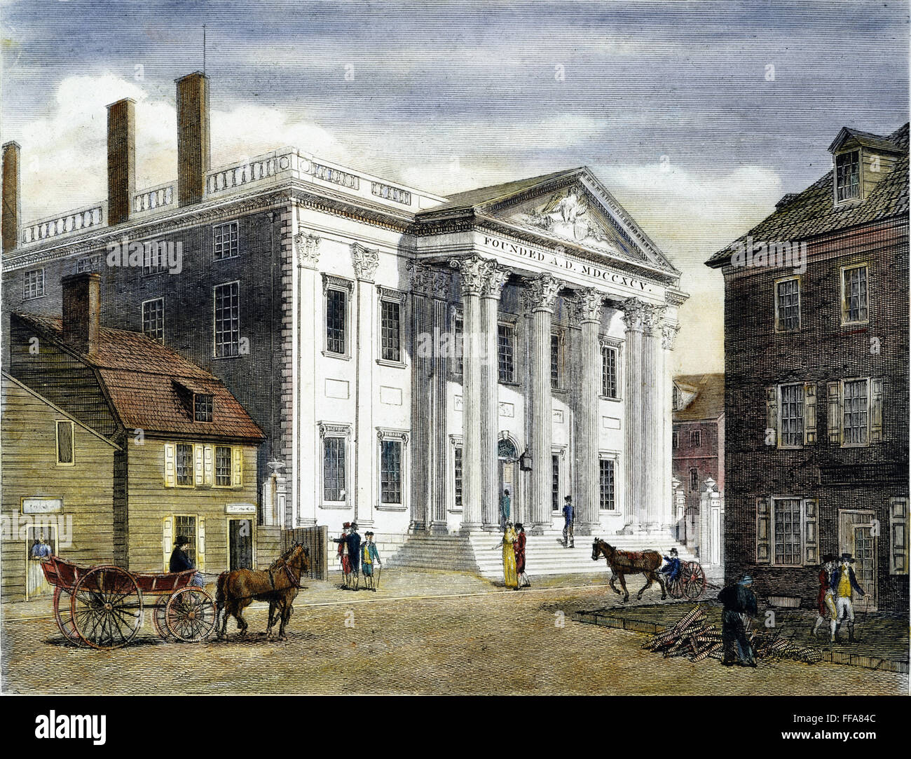 ERSTE BANK DER USA, 1799. /nThe erste Bank der Vereinigten Staaten, in Third Street, Philadelphia: farbige Linie Gravur, 1799 von William Birch & Sohn. Stockfoto