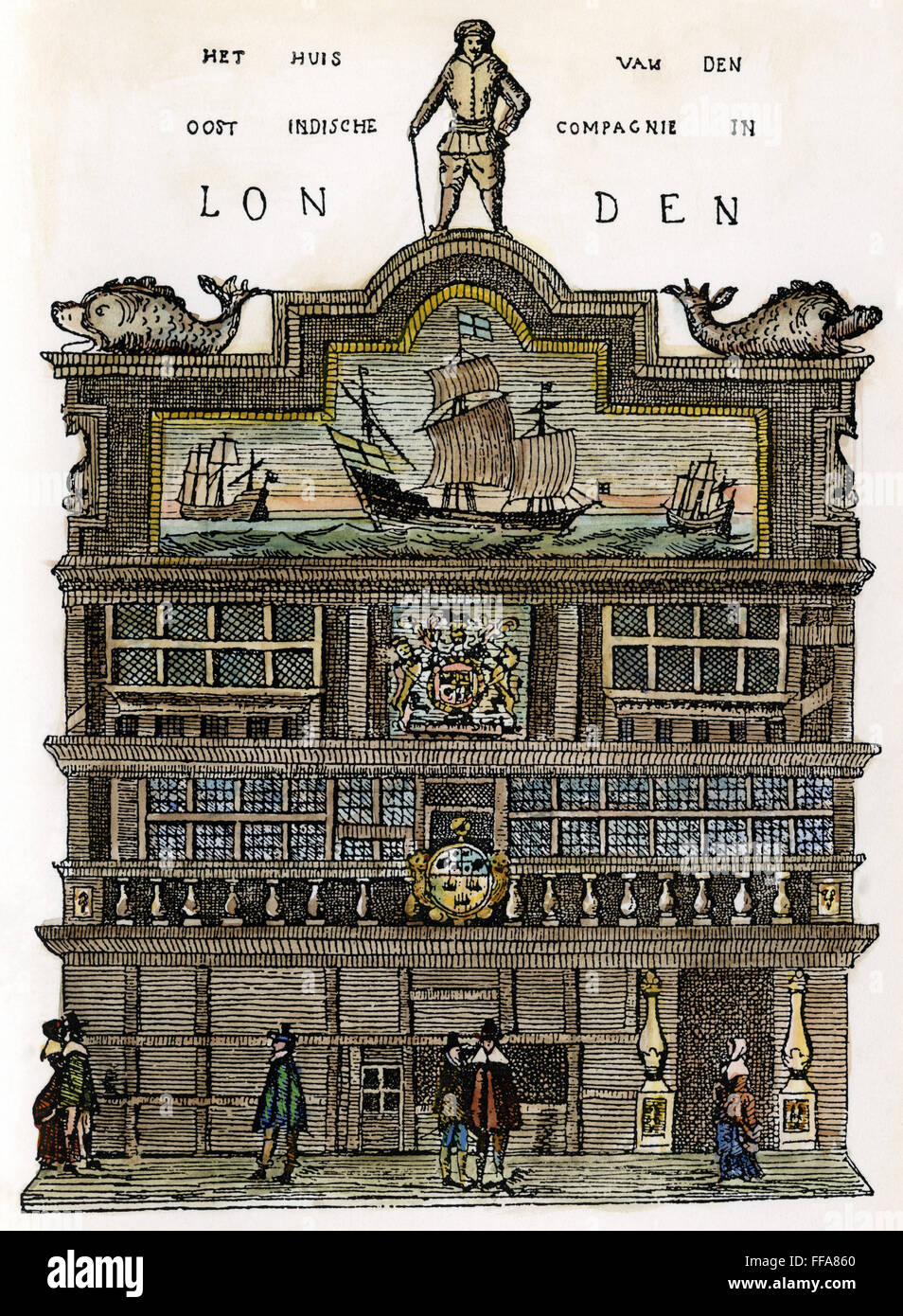 EAST INDIA COMPANY, 17. C. /nThe Hauptquartier der British East India Company in London. Niederländische farbigen Gravur, 17. Jahrhundert. Stockfoto