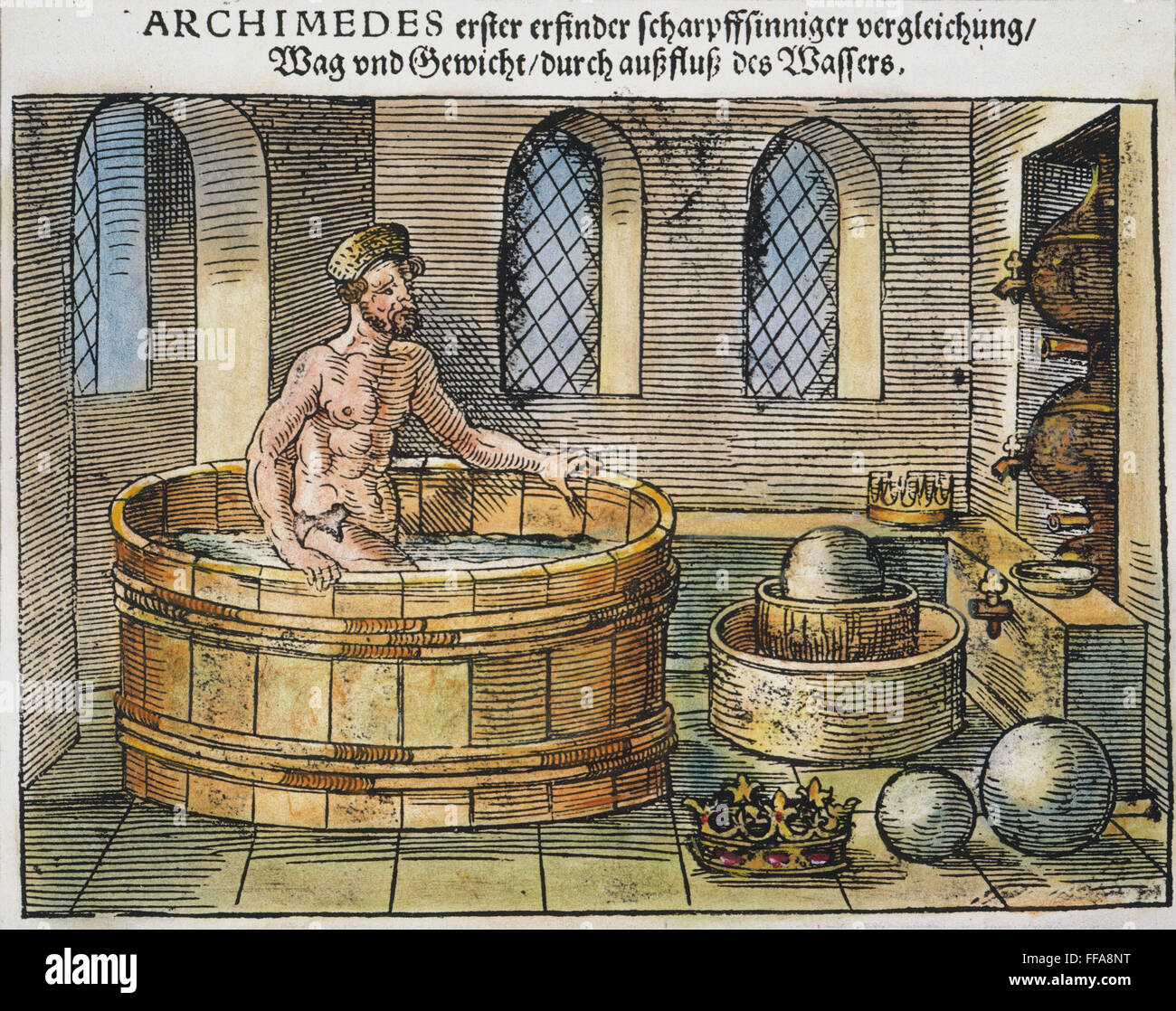 ARCHIMEDES /ndiscovering das Verhältnis zwischen Gewicht und Wasserverdrängung: Deutsche Holzschnitt aus dem 16. Jahrhundert. Stockfoto