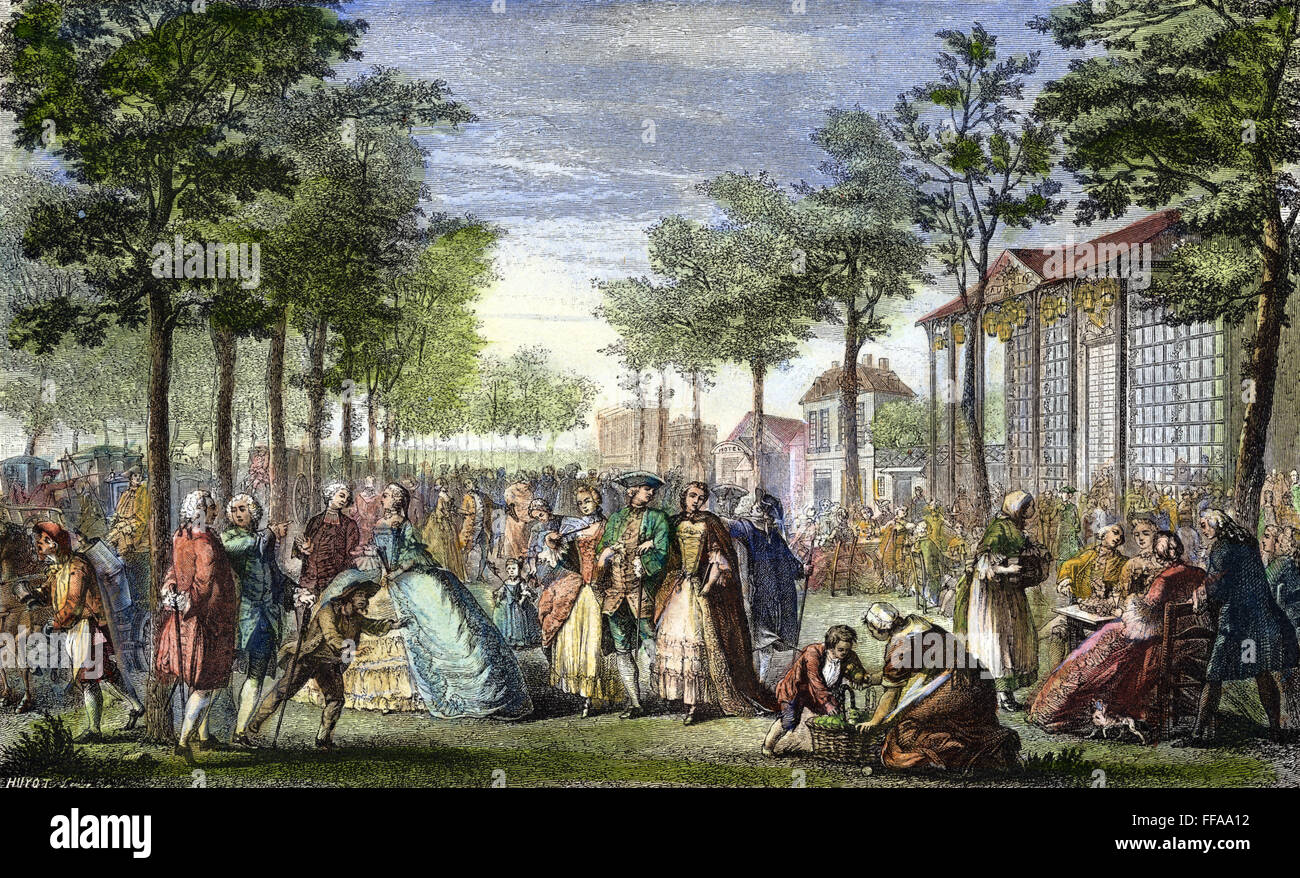 PARIS-PROMENADE, 18. C. /nPromenading auf den Wällen von Paris vor der französischen Revolution. Kupferstich nach Augustin de Saint-Aubin (1736-1807). Stockfoto