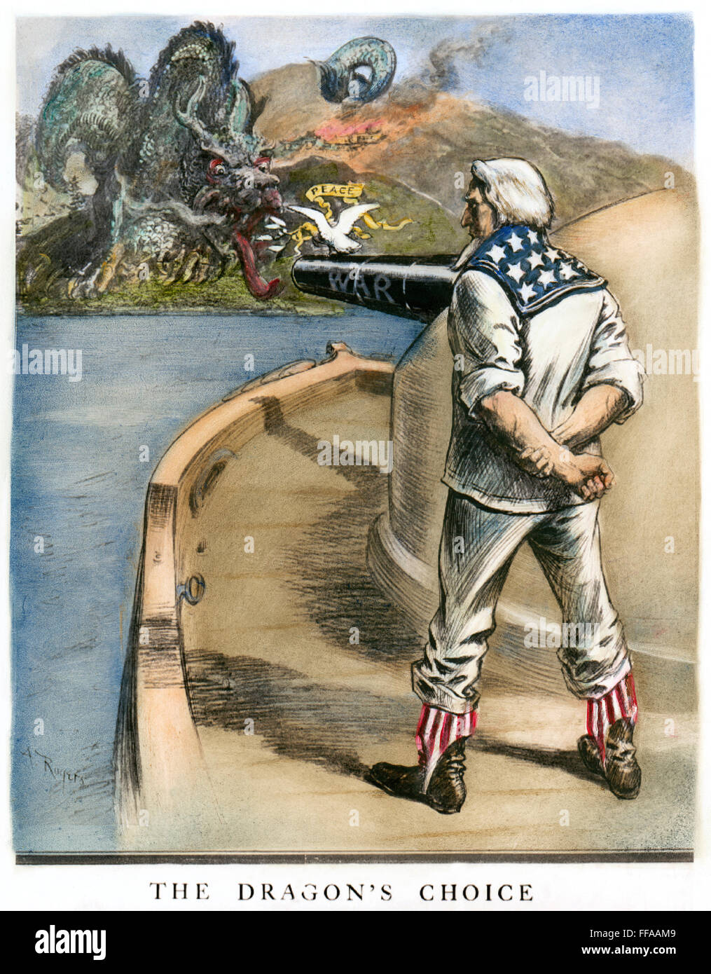 BOXER AUFSTAND CARTOON. /n'The Dragon-Wahl ": amerikanische cartoon, 1900 von w.a. Rogers zeigt eine feste Uncle Sam, der chinesische Drache eine Wahlmöglichkeit zwischen Krieg und Frieden auf der Höhe des Boxeraufstandes. Stockfoto