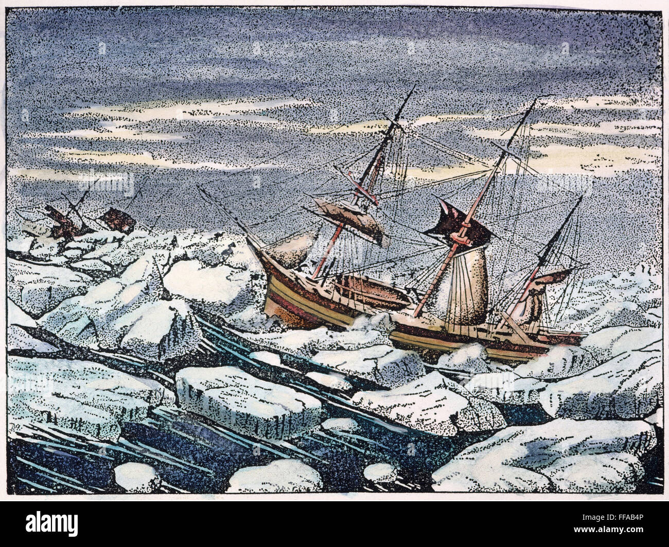 JOHN FRANKLIN EXPEDITION. /NH.M.S. Erebus und HMS Terror von Sir John Franklin ill-fated arktischen Expedition (1845-47) Verwitterung einen Sturm in einen Eisbeutel. Zeitgenössische Gravur. Stockfoto