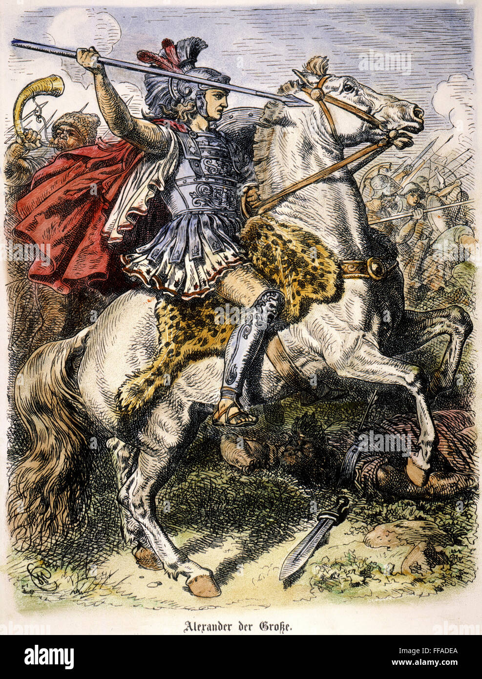 ALEXANDER der große/n (356-323 v. Chr.). Montiert auf Bucephalus, sein liebstes Pferd: Holz Gravur, Deutsch, 19. Jahrhundert. Stockfoto