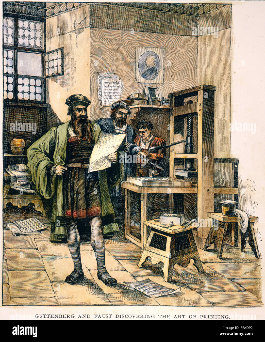 JOHANN GUTENBERG /n(c1395-1468) und sein Partner, Johann Fust, mit ihrer Druckmaschine an Mainz: Holzstich, 19. Jahrhundert. Stockfoto