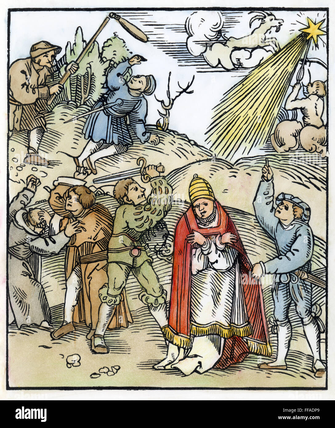 DEUTSCHLAND: BAUERNKRIEG. /nPeasants Bekämpfung der Mönche und der Papst. Holzschnitt, Deutsch, 1524. Stockfoto