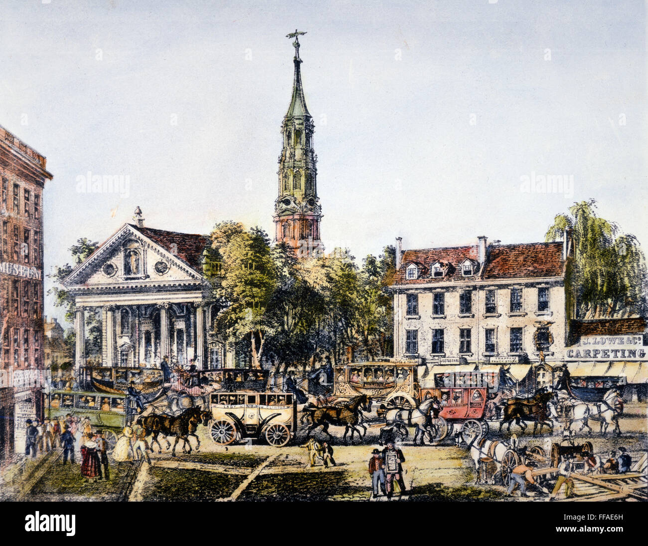 BROADWAY, New York, 1831. / nSt. Pauls Kapelle und Broadway, New York. Lithographie, 1831. Stockfoto