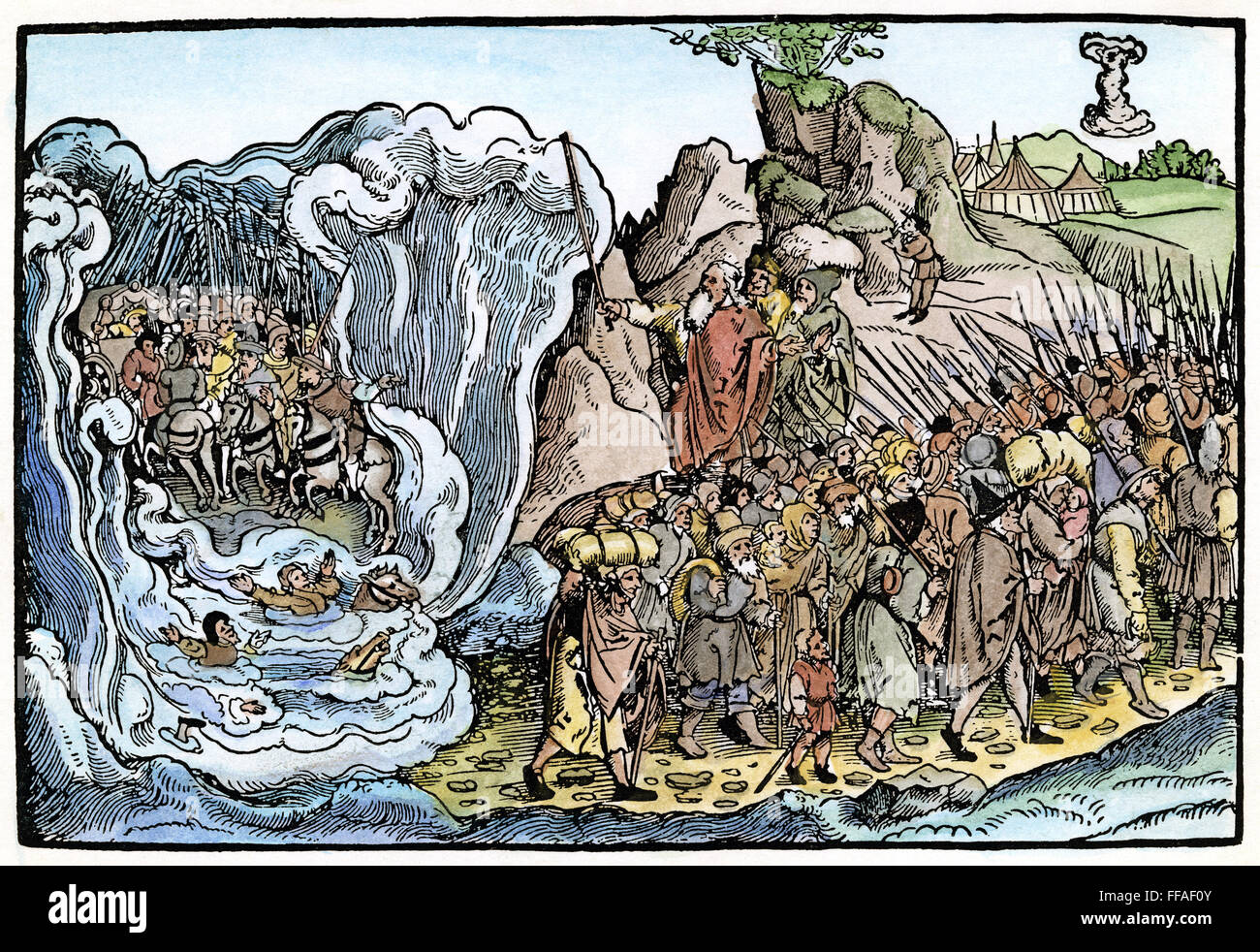 DURCHGANG DES ROTEN MEERES. Moses führt die Israeliten durch das Rote Meer. Deutsche Holzschnitt, c1530 von Erhard Schoen. Stockfoto