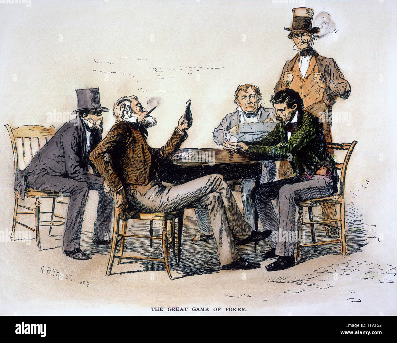 POKER-SPIEL, DER 1840ER JAHRE. NUM-Poker-Spiel in einer Taverne in Georgien, der 1840er Jahre. Zeichnung von Arthur Burdett Frost, 1884. Stockfoto