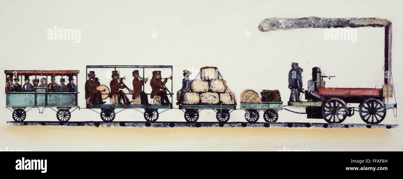 MODELLBAHN, 1830ER JAHRE. /nPassengers an Bord eines frühen amerikanischen Lokomotive, einschließlich einer Gruppe von schwarzen Musikern sind Ballen Baumwolle vor der Gefahr des Kessel Explosion geschützt. Holz, Gravur, amerikanisch, 1830er Jahre. Stockfoto